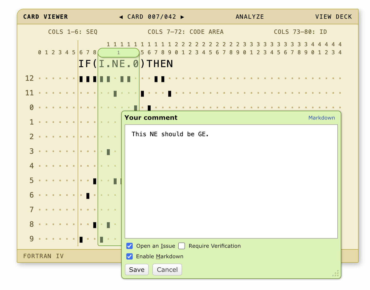 A sample punch card with columns commented