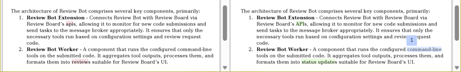A side-by-side diff of a Word document showing text changes made to  text in bullet points.