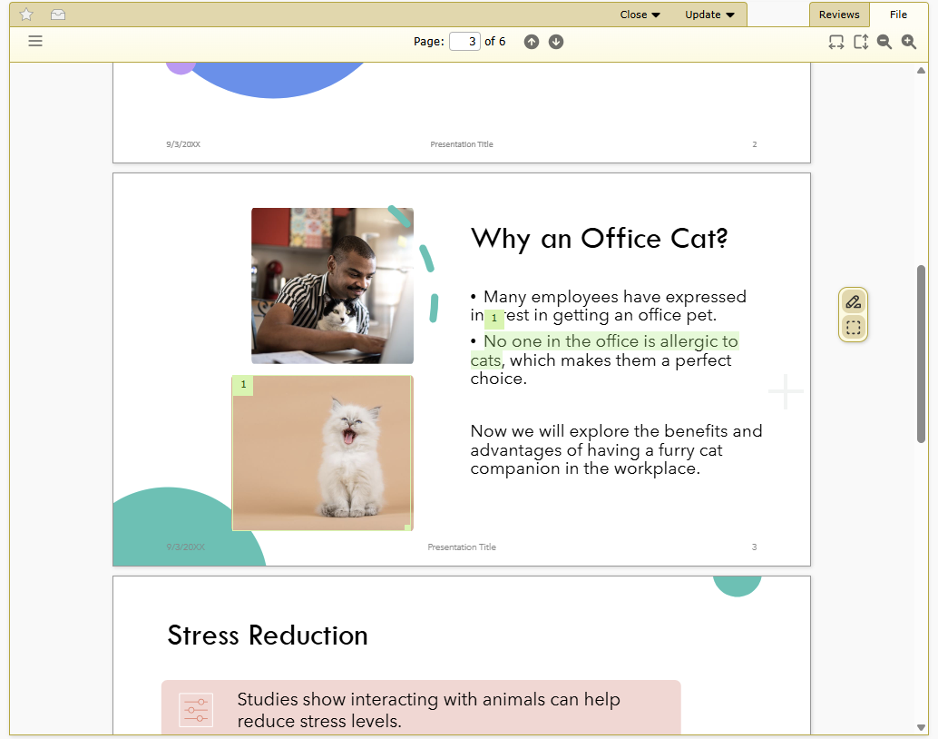 The document viewer containing a presentation about hiring an office cat. In the header bar above the document are navigation and zoom controls. Floating on the right of the document is a toolbar for commenting controls. There are two draft comments in the document, a region and a text selection comment.