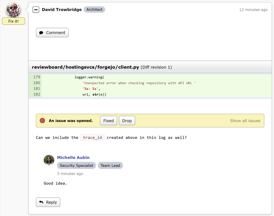 A review by a user with an Architect role badge, along with a reply from a user who has Security Specialist and Team Lead roles.
